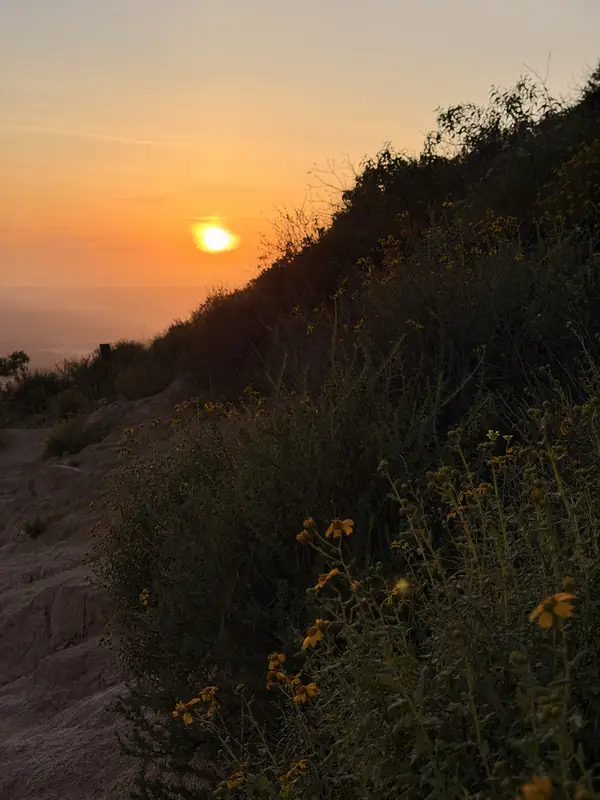 The sun going down behind a hill on the Cowles Mountain trail.
