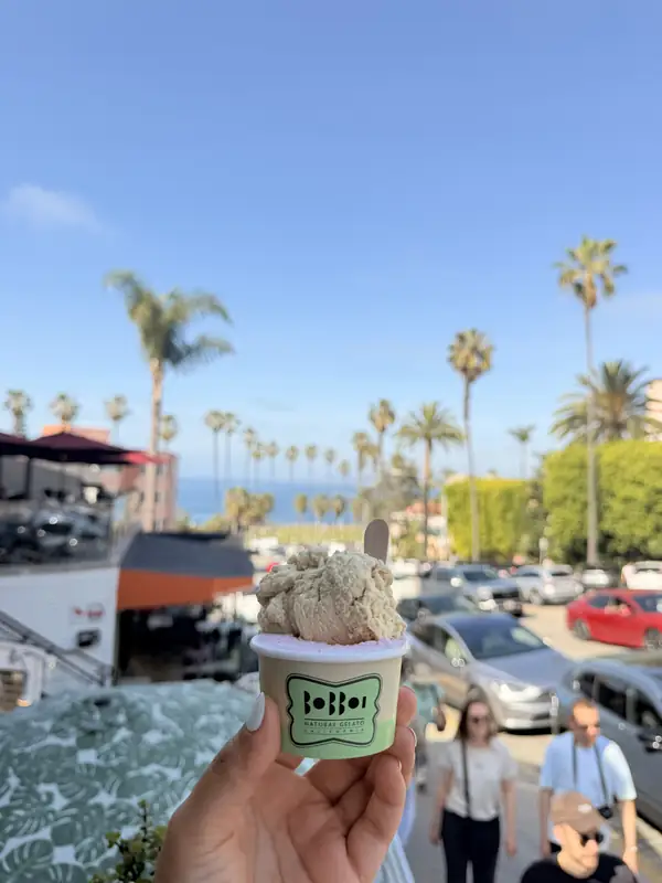 A hand holding a cup of gelato on a street lined with palm trees.