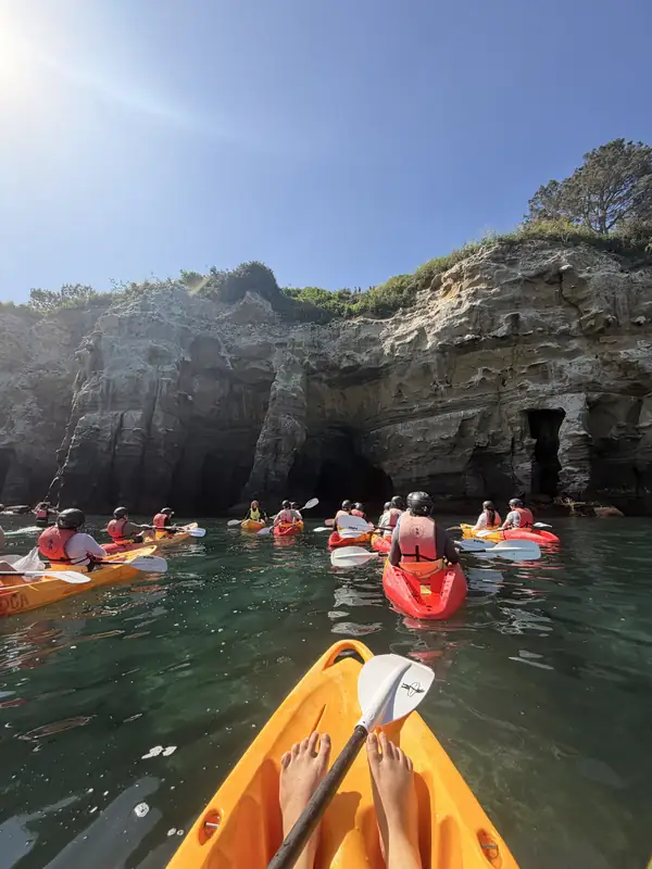 The view from a kayak toward the sea caves at La Jolla, with other kayaks ahead.